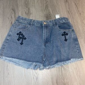 ROMWE Blue Washed Denim High-Waist Frayed Shorts with Black Cross Appliqués